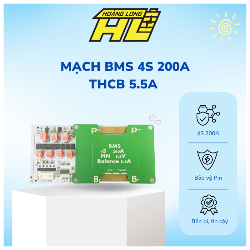 Mạch BMS 200A Công Suất Lớn Tích hợp cân bằng chủ động 5.5A ( 4s cho hệ 3.2v ) - ( Loại Mới )