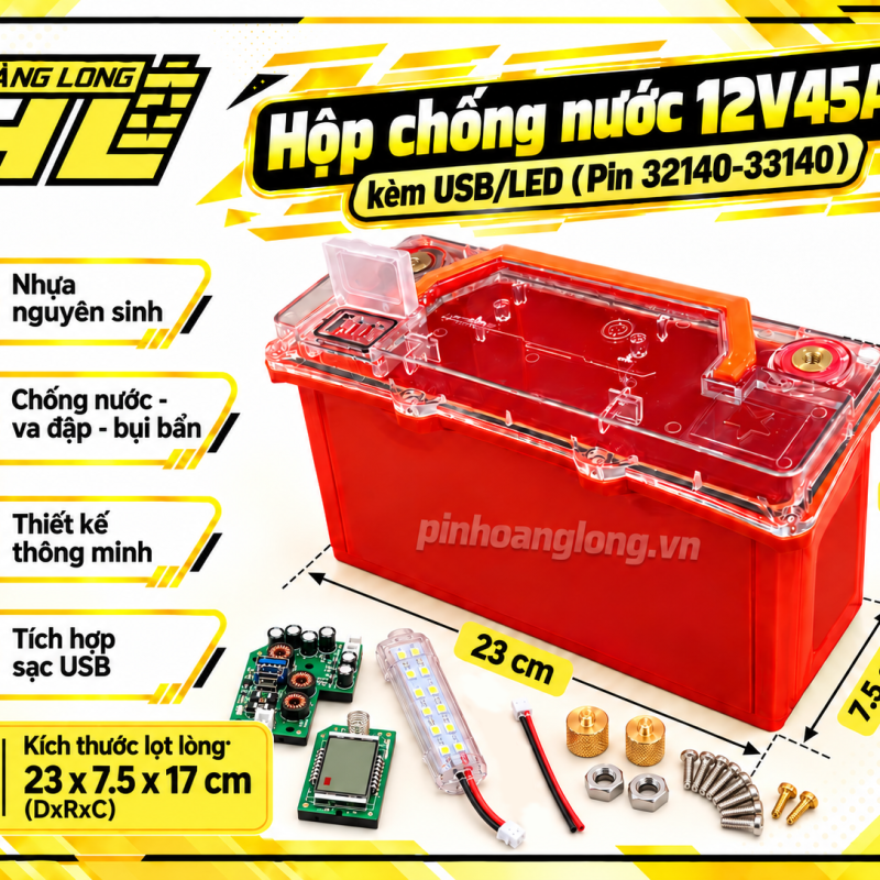 Hộp Chống Nước 12V 45Ah Tích Hợp Mạch Sạc USB Và Đèn LED