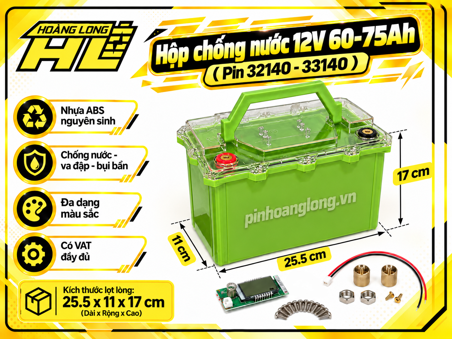 Hộp Pin Chống Nước Tuyệt Đối 60Ah - 75Ah - Đầy Đủ Phụ Kiện