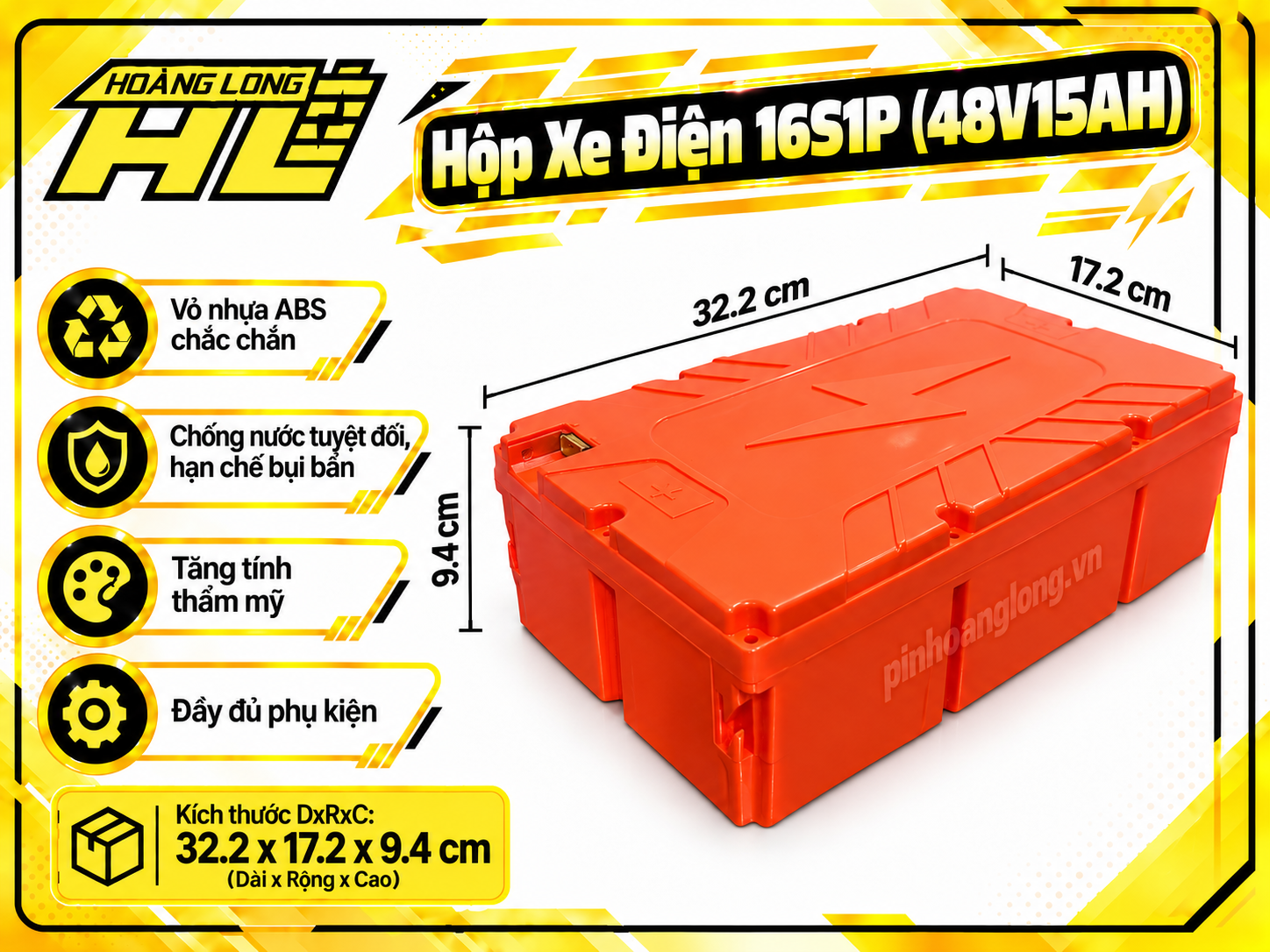 Hộp Pin Xe Điện 16S1P (48V15Ah) – Vỏ Nhựa ABS Chống Nước