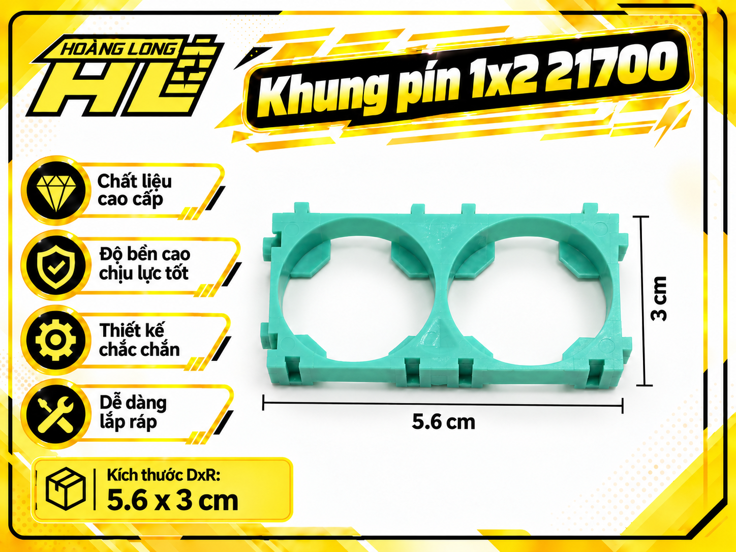 Khung Pin 21700 Loại 1×2 – Khung Nhựa Cố Định Cell Pin Lithium