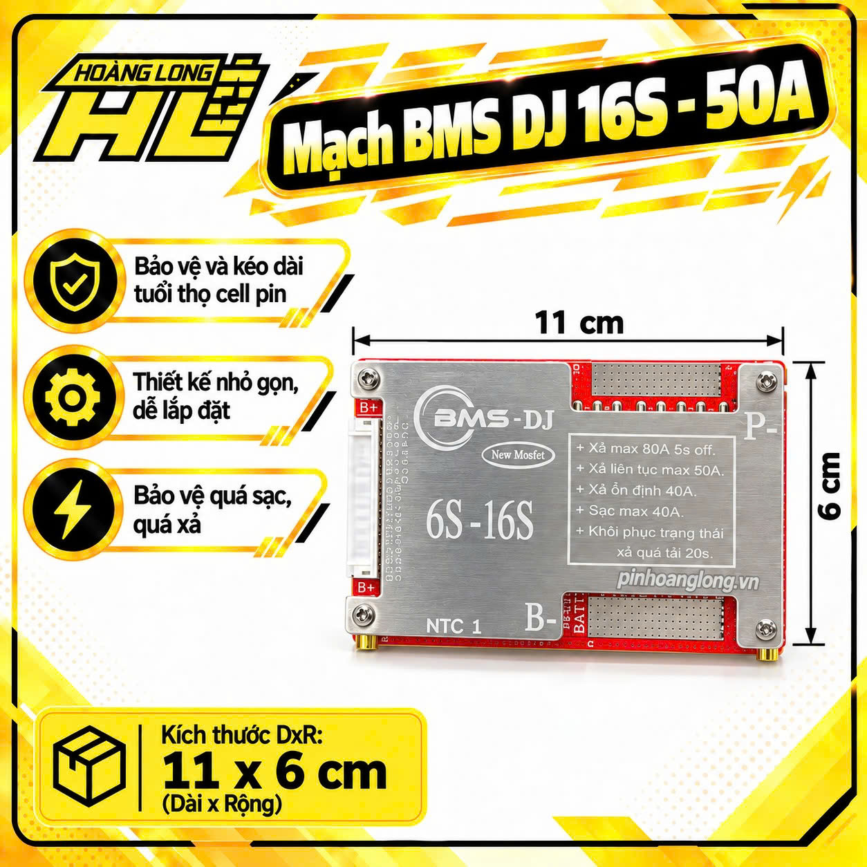 Mạch BMS 16S 50A – BMS-DJ 6S-16S 3.2V, Bảo Vệ Pin Lithium LiFePO4