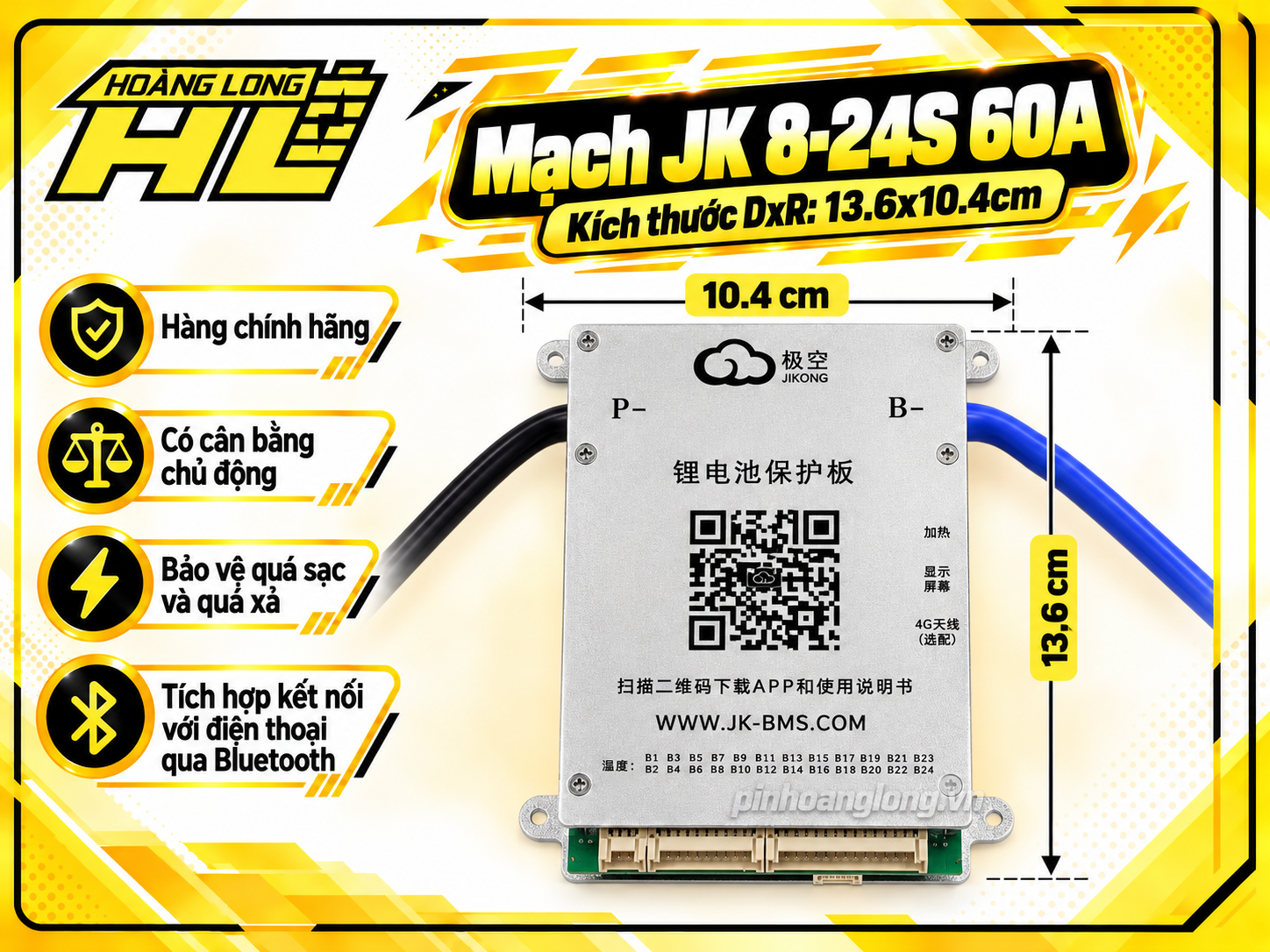 Mạch JK BMS 8S–24S 60A Cân Bằng Chủ Động 0.6A – Bluetooth Thông Minh