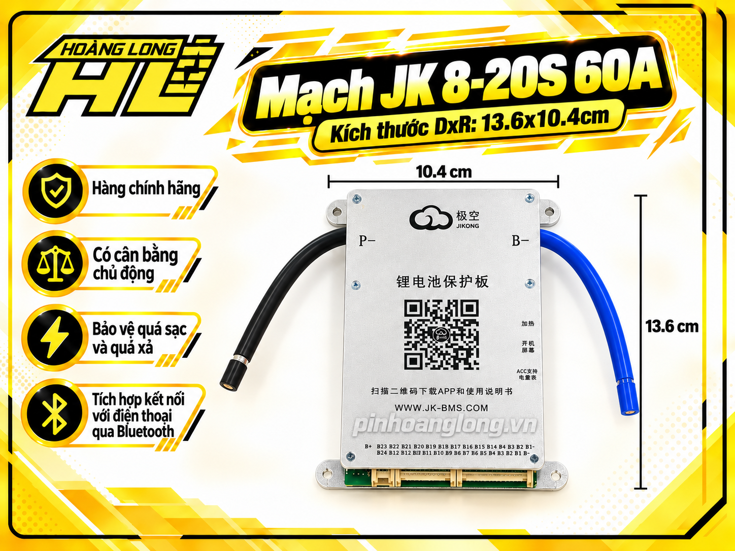 Mạch JK BMS 8S–20S 60A Cân Bằng Chủ Động 0.6A – Bluetooth Thông Minh