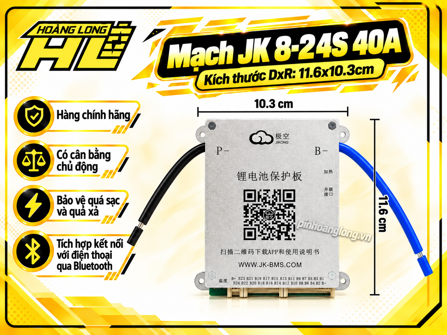 Mạch JK BMS 8S–24S 40A Cân Bằng Chủ Động 0.4A – Bluetooth Thông Minh