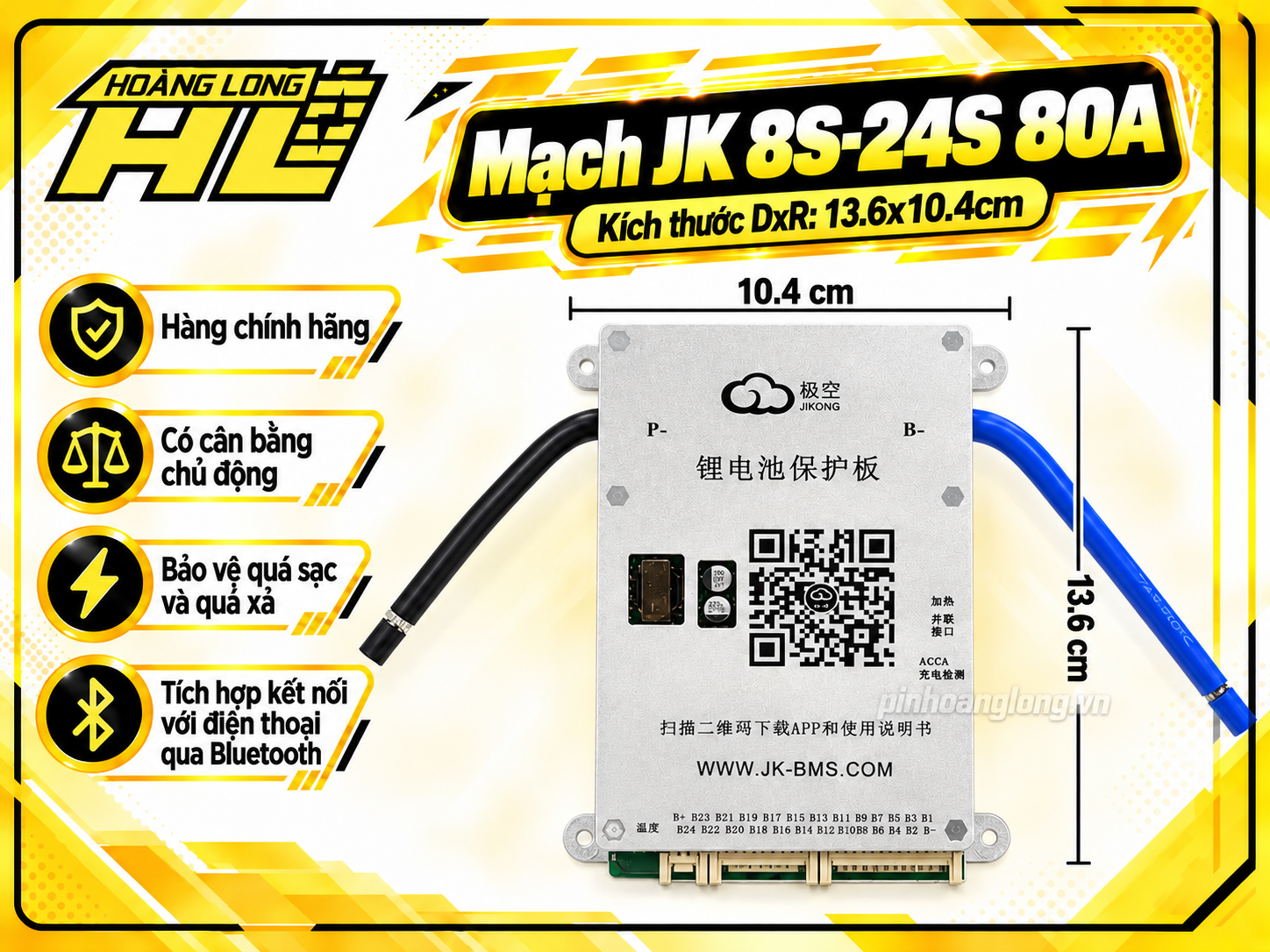Mạch JK BMS 8S–24S 80A Cân Bằng Chủ Động 0.6A – Bluetooth Thông Minh