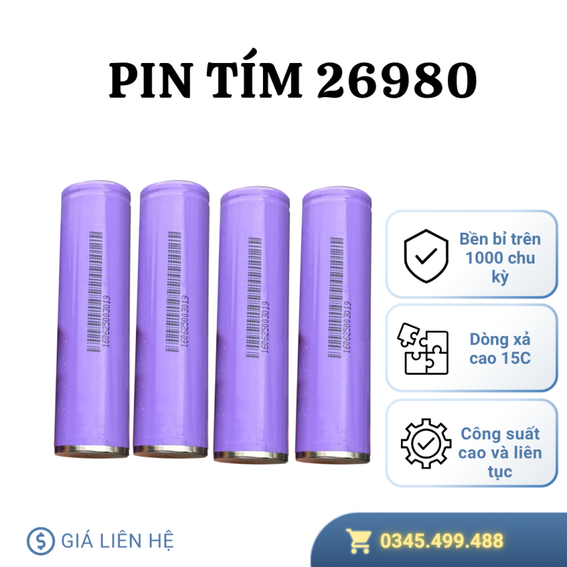 Pin Tím 26980 3.7V 6000mAh – Xả Dòng Cao 90A 15C, Hiệu Suất Vượt Trội
